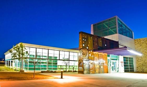 Modern building with decorative art feature